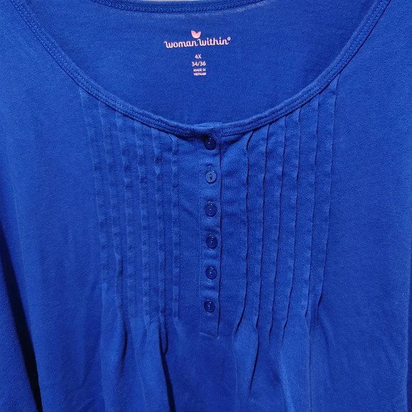 Woman Within Pleated Button 4X Short Sleeve Shirt Top Royal Blue - Picture 4 of 8